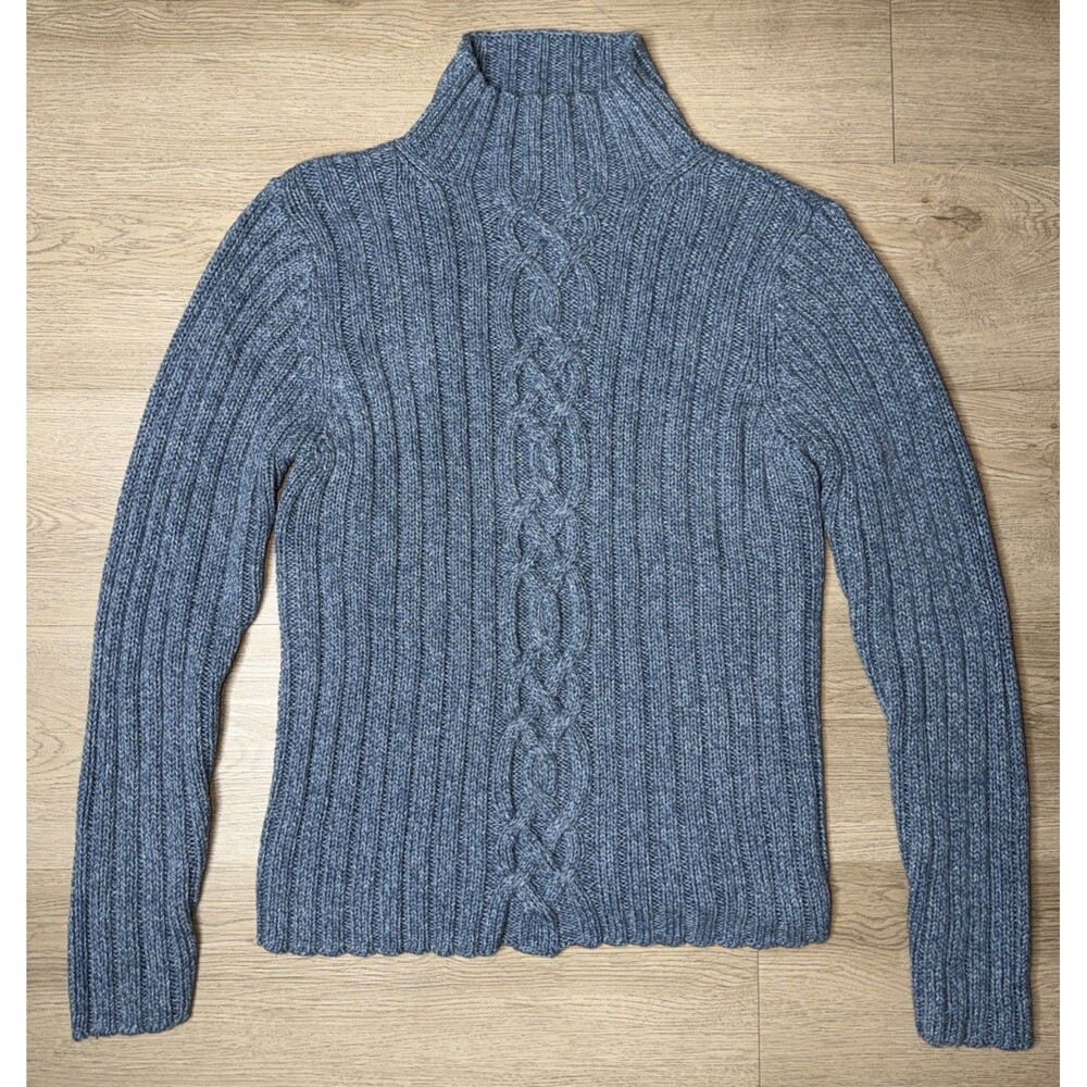 L.L. Bean Womens Size Medium Blue 100% Cotton Cable Knit Turtleneck Sweater